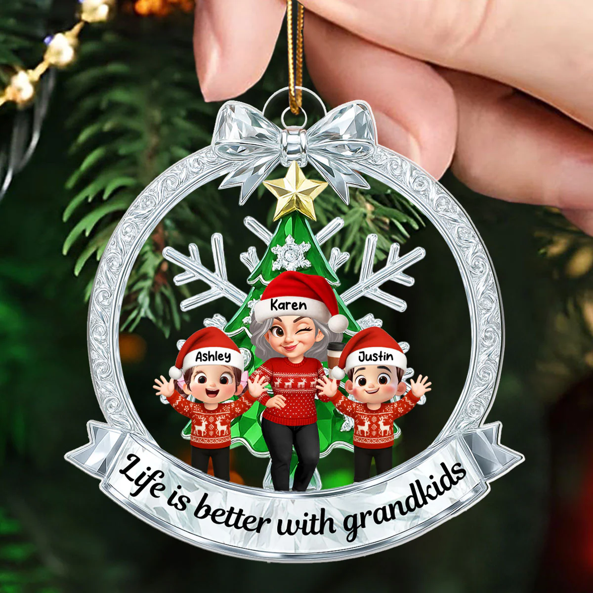Grandma Grandkids Sitting on Christmas Wreath Metallic Effect - Personalized Acrylic Ornament - Christmas Gift for Grandma - Image 4