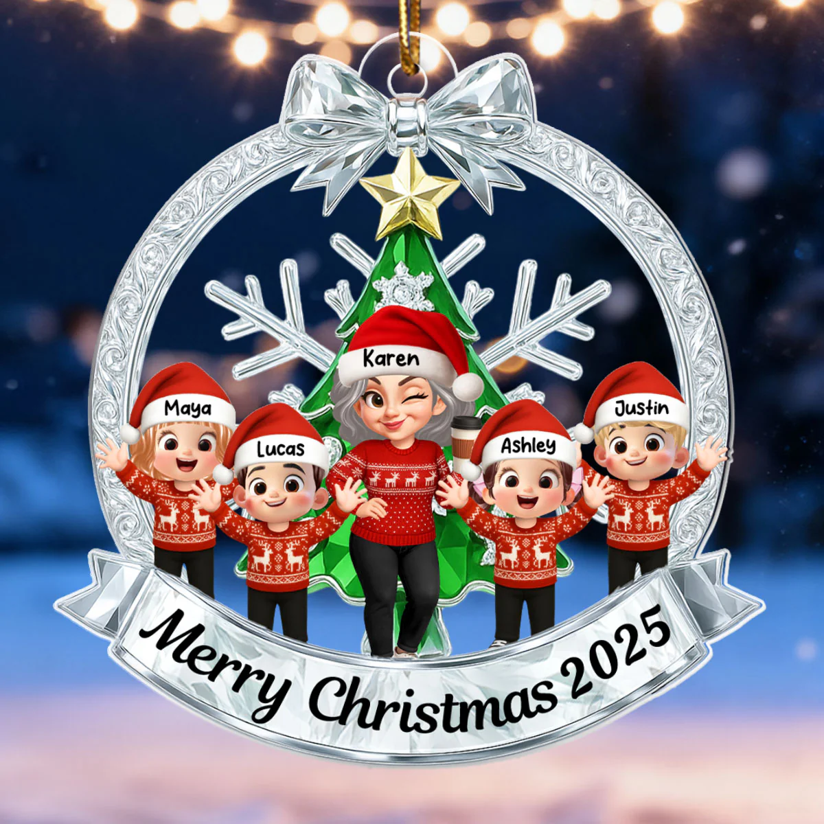 Grandma Grandkids Sitting on Christmas Wreath Metallic Effect - Personalized Acrylic Ornament - Christmas Gift for Grandma - Image 5