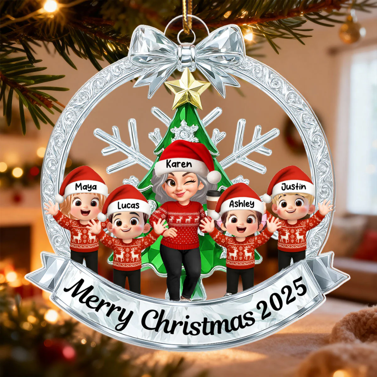 Grandma Grandkids Sitting on Christmas Wreath Metallic Effect - Personalized Acrylic Ornament - Christmas Gift for Grandma - Image 6
