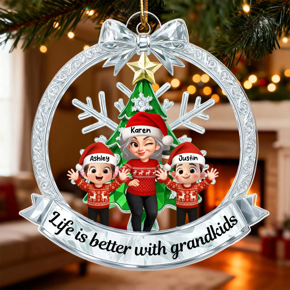 Grandma Grandkids Sitting on Christmas Wreath Metallic Effect - Personalized Acrylic Ornament - Christmas Gift for Grandma - Image 7