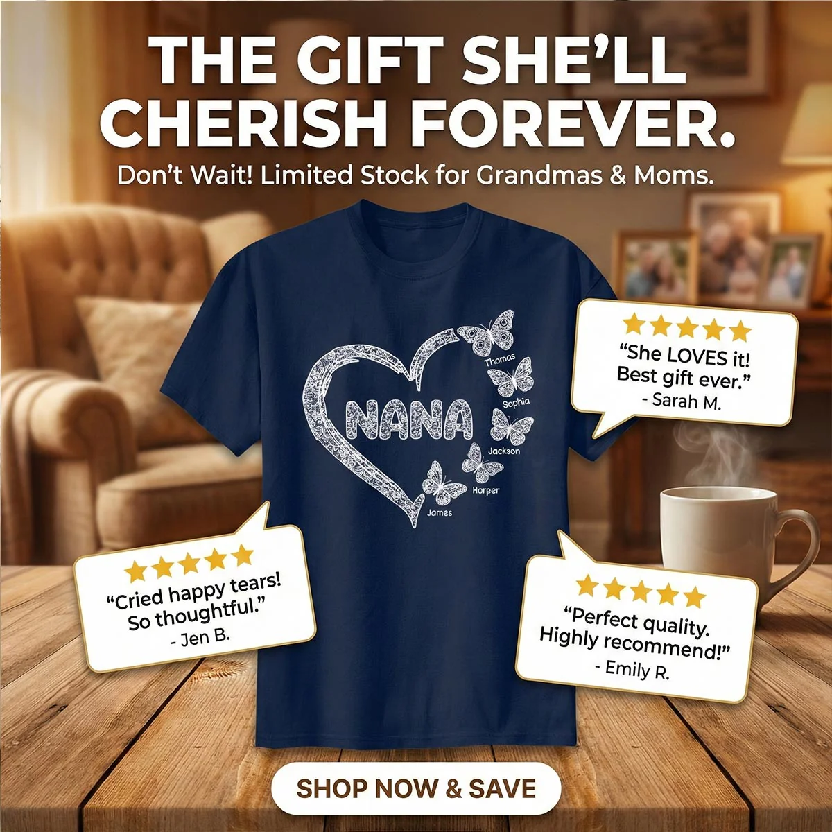 Grandma Lace Pattern Butterflies Heart - Personalized Shirt - Gift For Grandma, Mom - Image 7