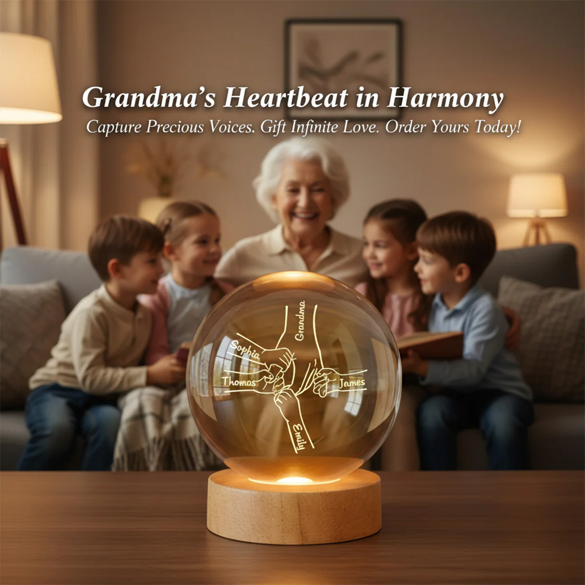 Grandma Mom And Kids Holding Hands - Personalized Crystal Ball - Gift For Grandma, Mom - Image 4