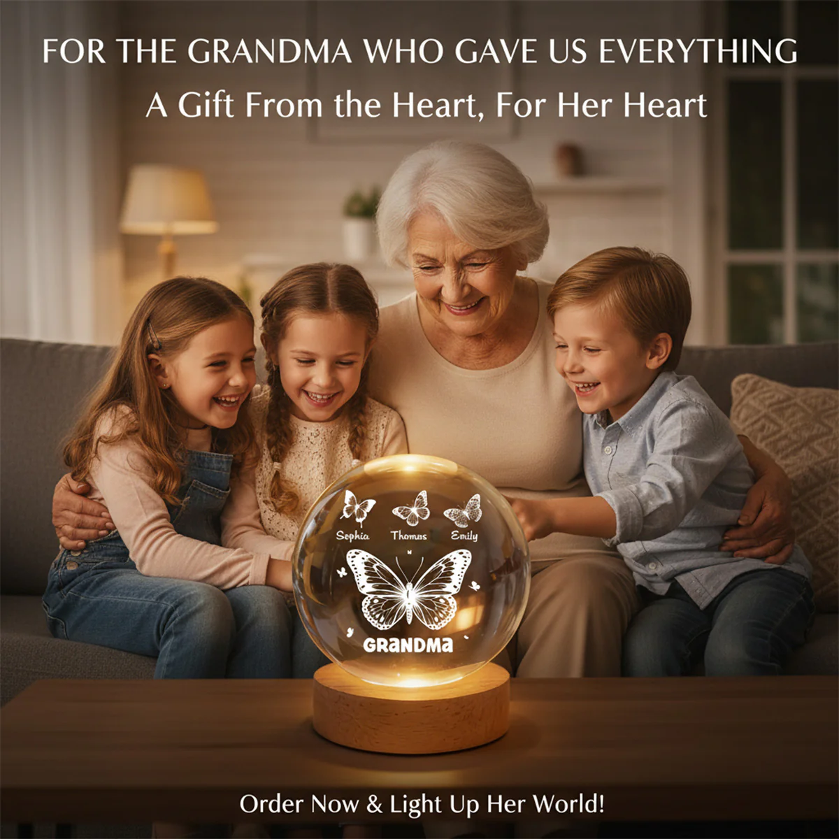 Grandma Mom Butterflies Custom Kids Names - Personalized Crystal Ball LED Night Light - Gift For Grandma, Mom - Image 3