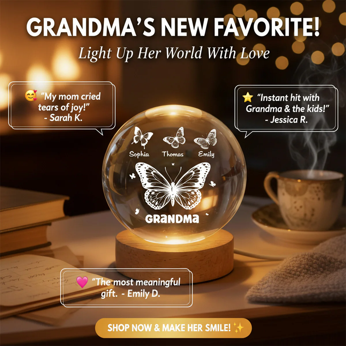 Grandma Mom Butterflies Custom Kids Names - Personalized Crystal Ball LED Night Light - Gift For Grandma, Mom - Image 4