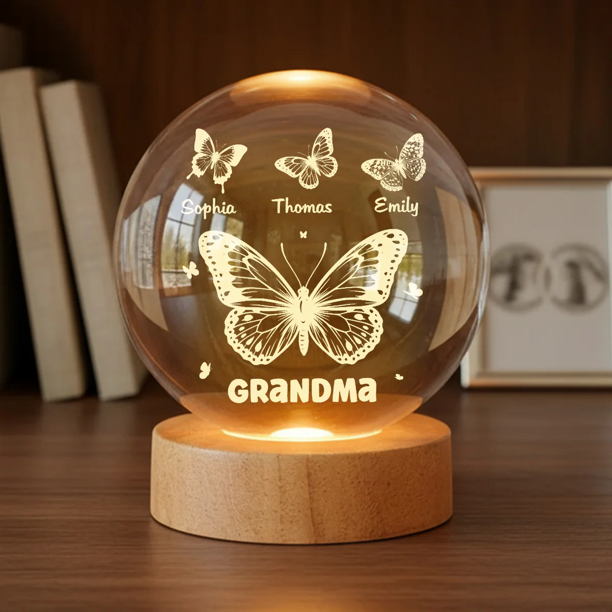 Grandma Mom Butterflies Custom Kids Names - Personalized Crystal Ball LED Night Light - Gift For Grandma, Mom - Image 5