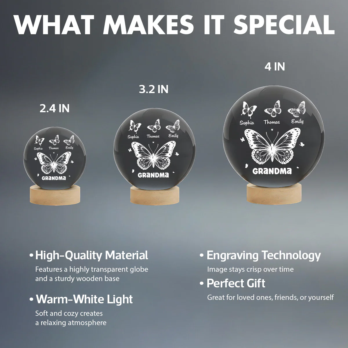 Grandma Mom Butterflies Custom Kids Names - Personalized Crystal Ball LED Night Light - Gift For Grandma, Mom - Image 8