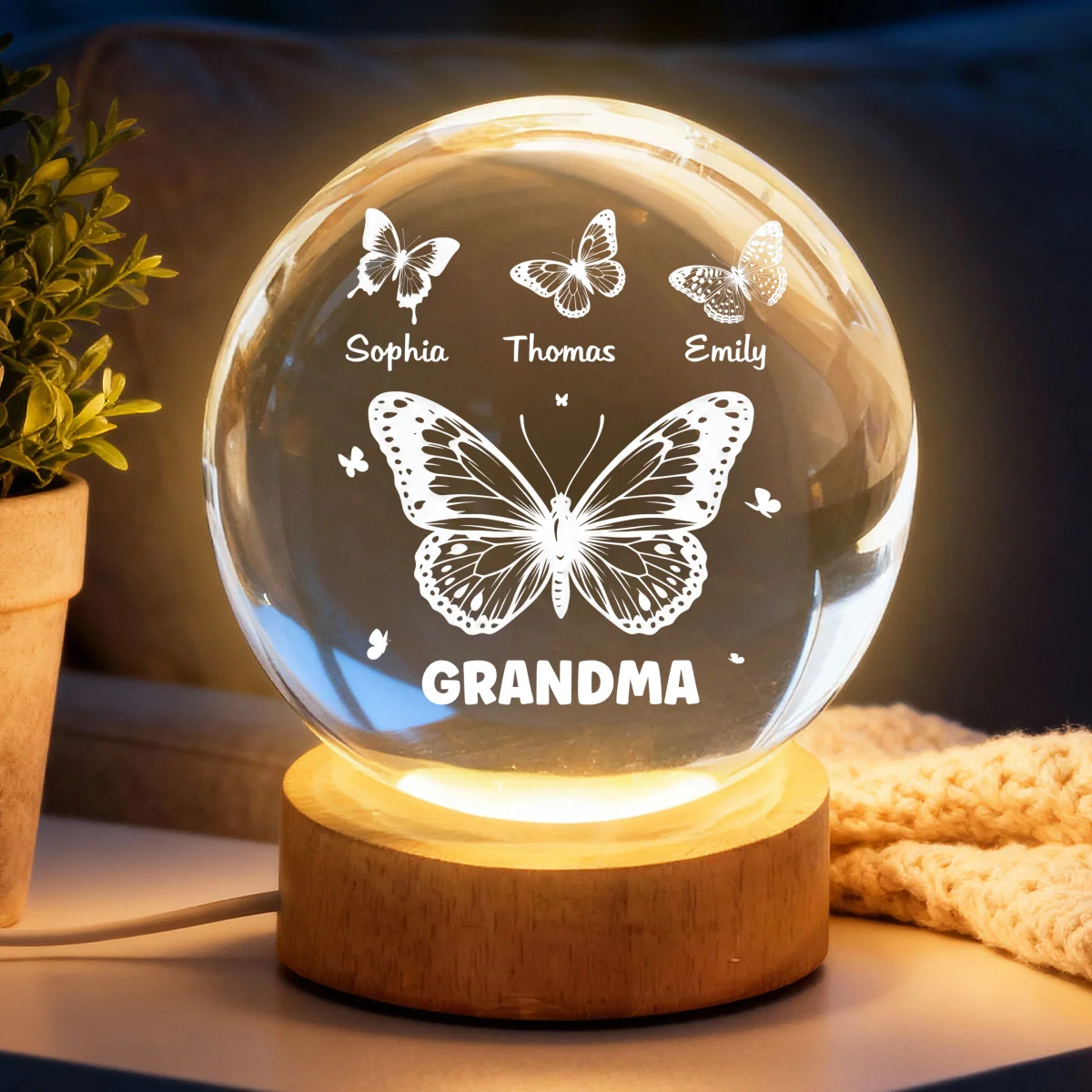 Grandma Mom Butterflies Custom Kids Names - Personalized Crystal Ball LED Night Light - Gift For Grandma, Mom - Image 9