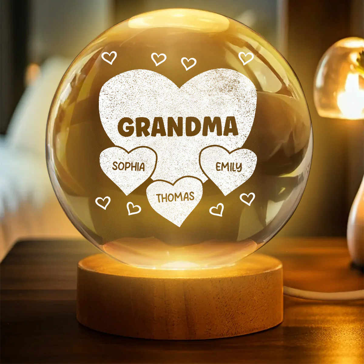 Grandma Mom Hearts Custom Kids Names - Personalized Crystal Ball LED Night Light - Gift For Grandma, Mom - Image 3