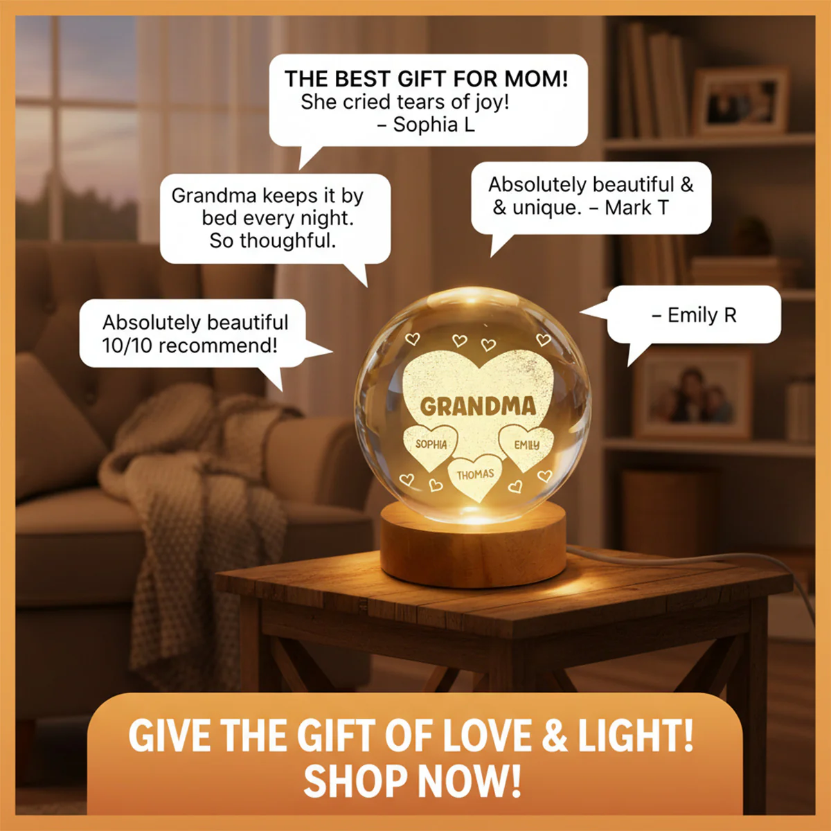 Grandma Mom Hearts Custom Kids Names - Personalized Crystal Ball LED Night Light - Gift For Grandma, Mom - Image 5