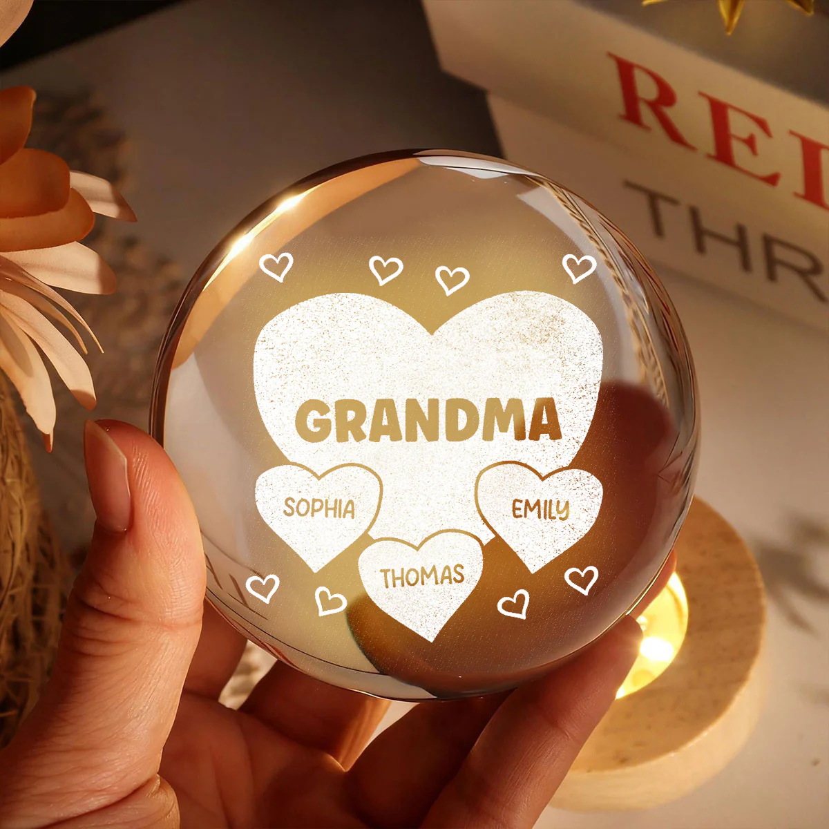 Grandma Mom Hearts Custom Kids Names - Personalized Crystal Ball LED Night Light - Gift For Grandma, Mom - Image 6