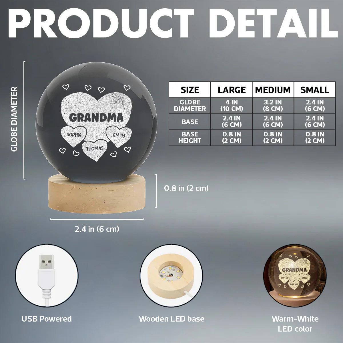 Grandma Mom Hearts Custom Kids Names - Personalized Crystal Ball LED Night Light - Gift For Grandma, Mom - Image 7