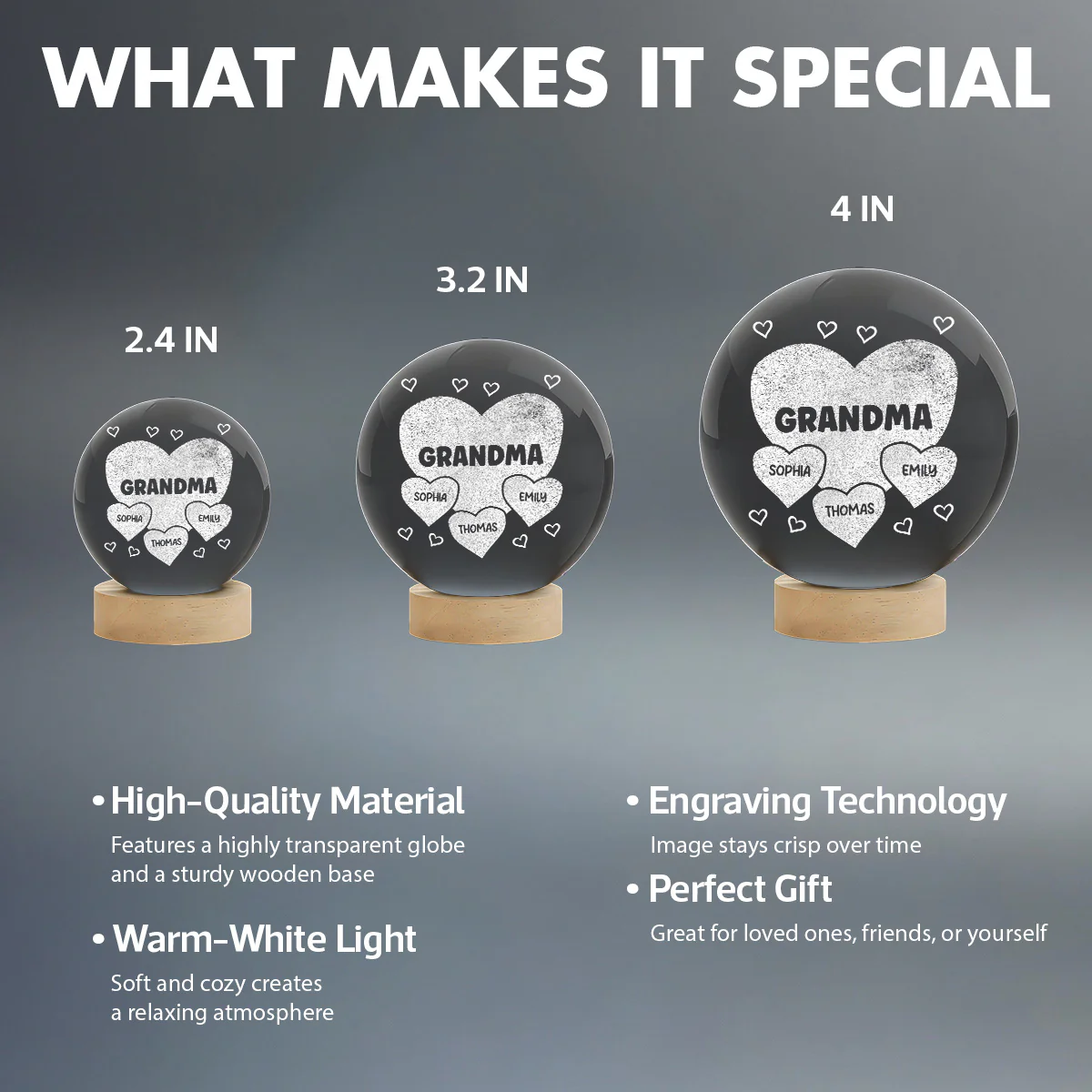 Grandma Mom Hearts Custom Kids Names - Personalized Crystal Ball LED Night Light - Gift For Grandma, Mom - Image 8