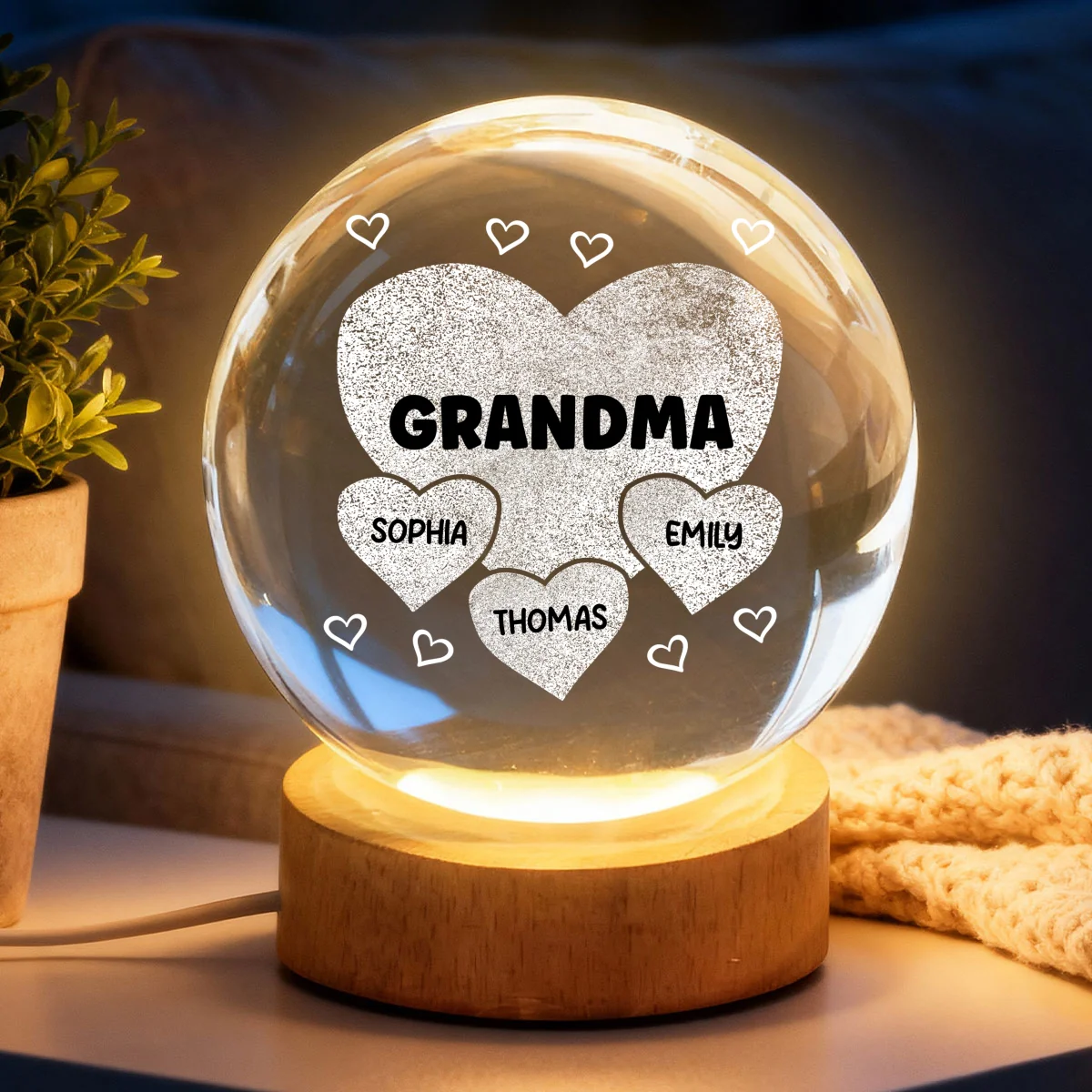 Grandma Mom Hearts Custom Kids Names - Personalized Crystal Ball LED Night Light - Gift For Grandma, Mom - Image 9