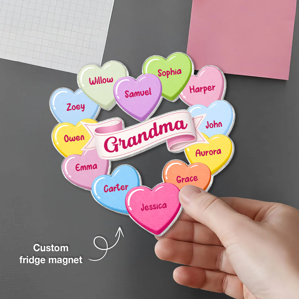 Grandma's Sweethearts Conversation Hearts Grandkids Names Valentine's Day - Personalized Acrylic Fridge Magnet - Image 4