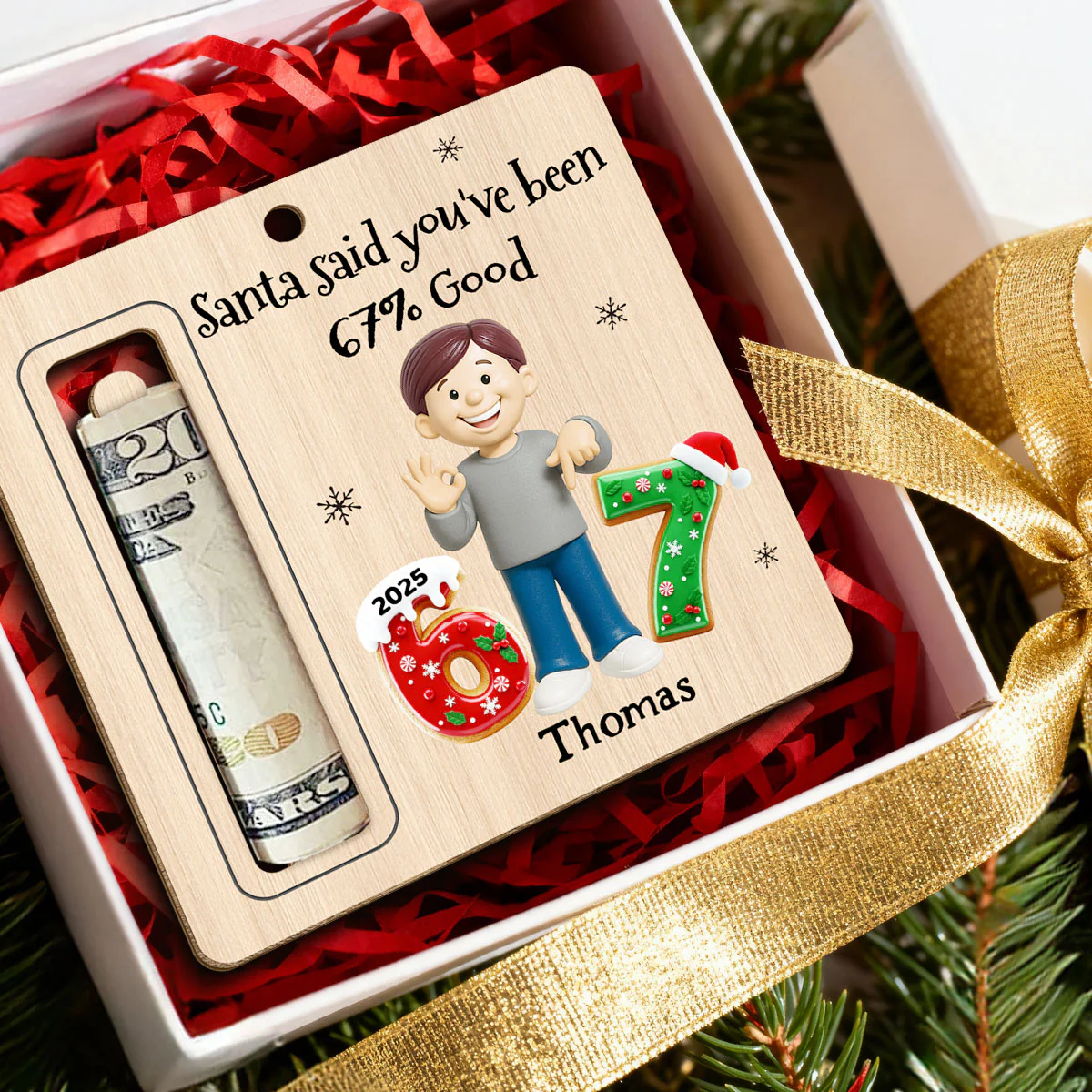 Here’s A Few Bucks For Christmas Kid Slang Trending 67 - Personalized Wooden Ornament - Holiday Money Holder - Image 3