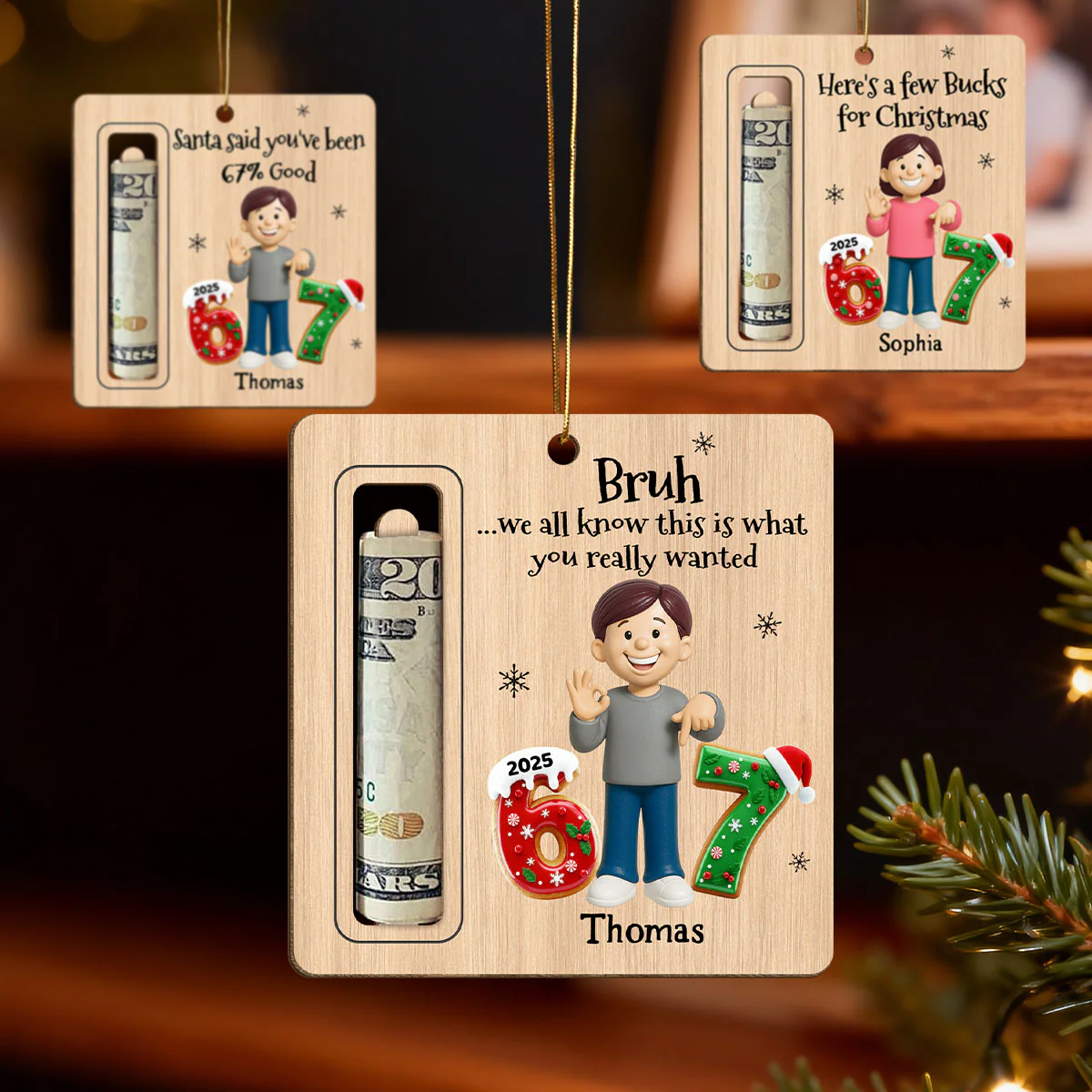 Here’s A Few Bucks For Christmas Kid Slang Trending 67 - Personalized Wooden Ornament - Holiday Money Holder - Image 6