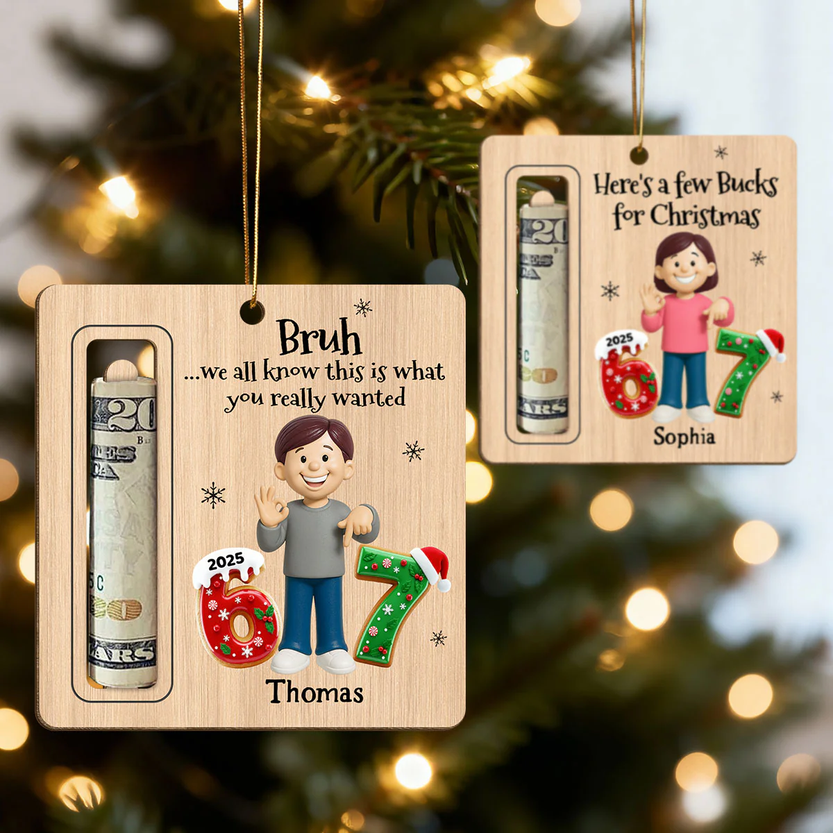 Here’s A Few Bucks For Christmas Kid Slang Trending 67 - Personalized Wooden Ornament - Holiday Money Holder - Image 7