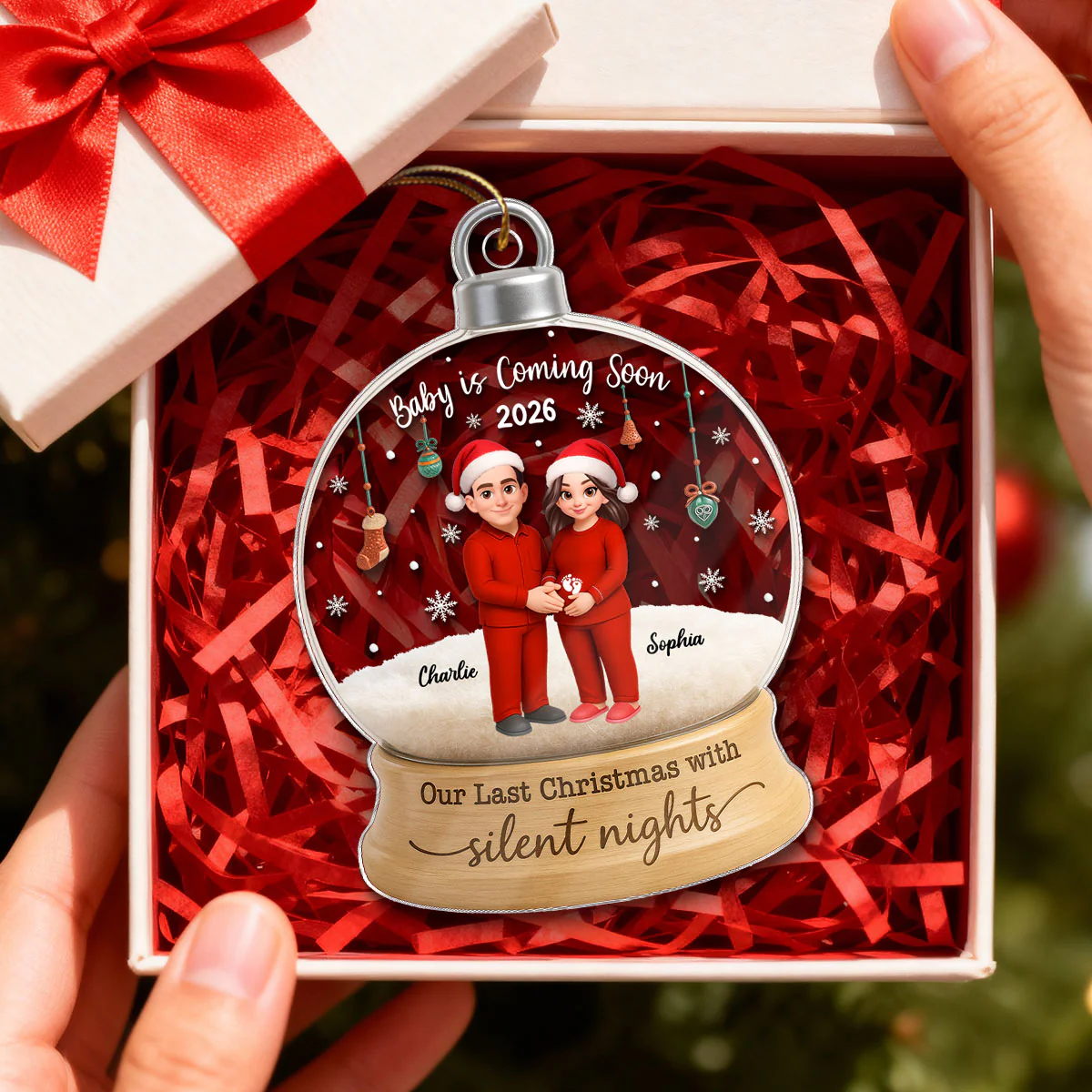 Last Christmas With Silent Nights Expecting Couple Parents-to-be - Personalized Acrylic Ornament - Image 3