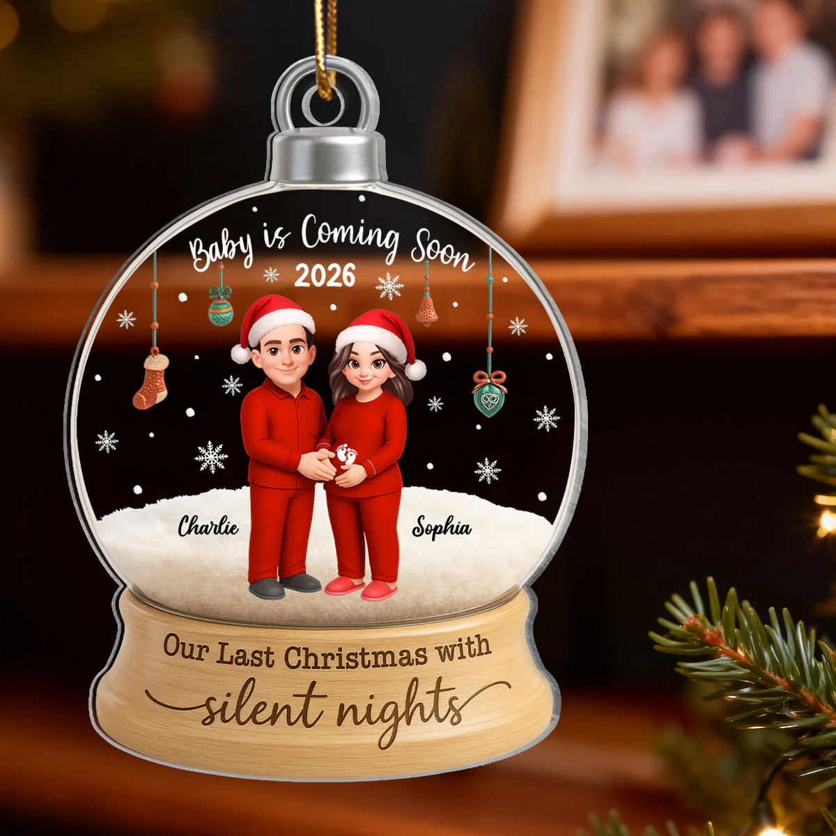 Last Christmas With Silent Nights Expecting Couple Parents-to-be - Personalized Acrylic Ornament - Image 4