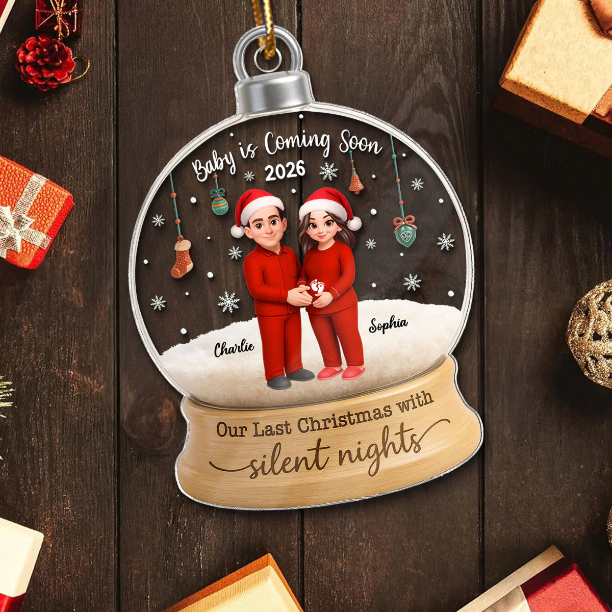 Last Christmas With Silent Nights Expecting Couple Parents-to-be - Personalized Acrylic Ornament - Image 5