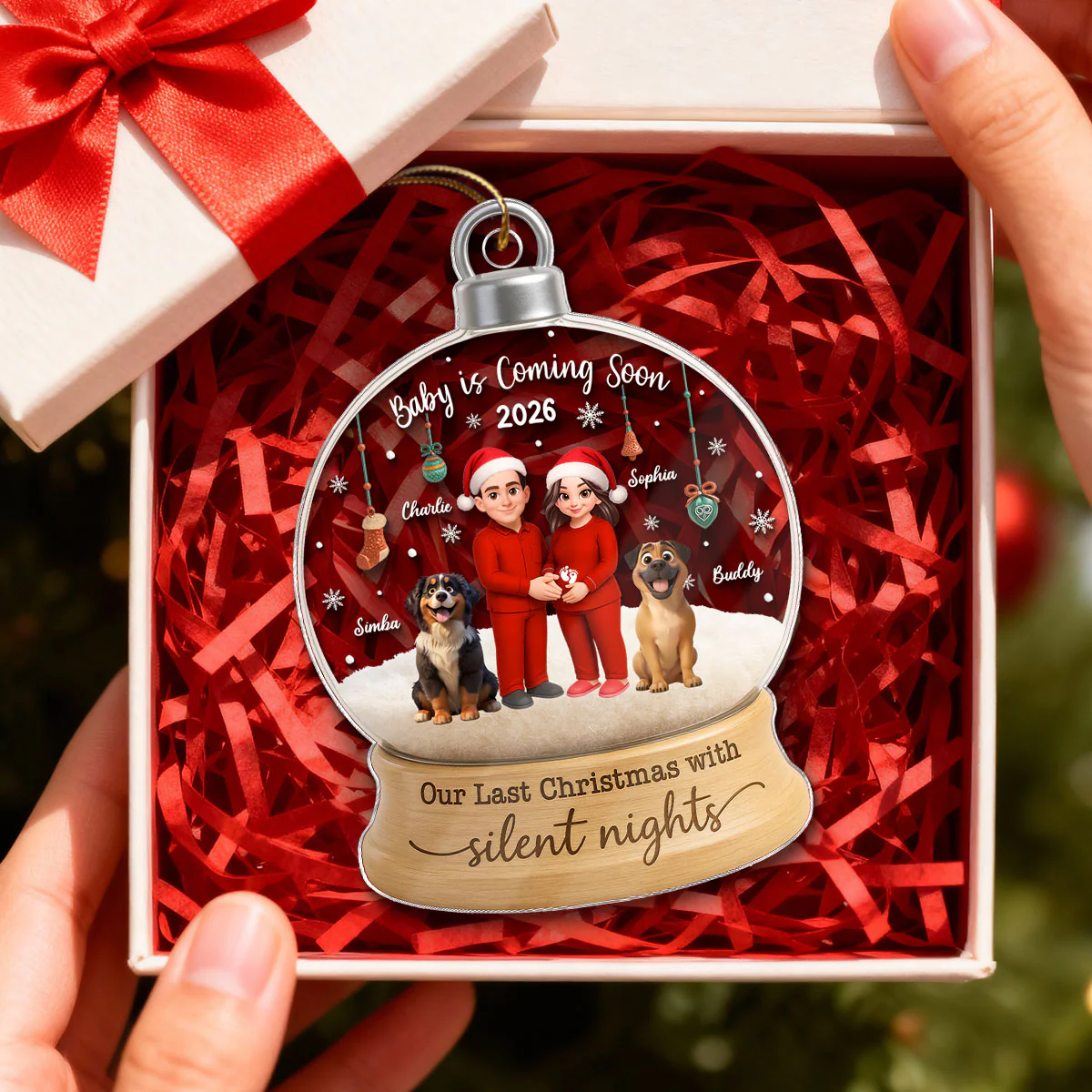 Last Christmas With Silent Nights Expecting Couple With Dog Cat - Personalized Acrylic Ornament - Image 3