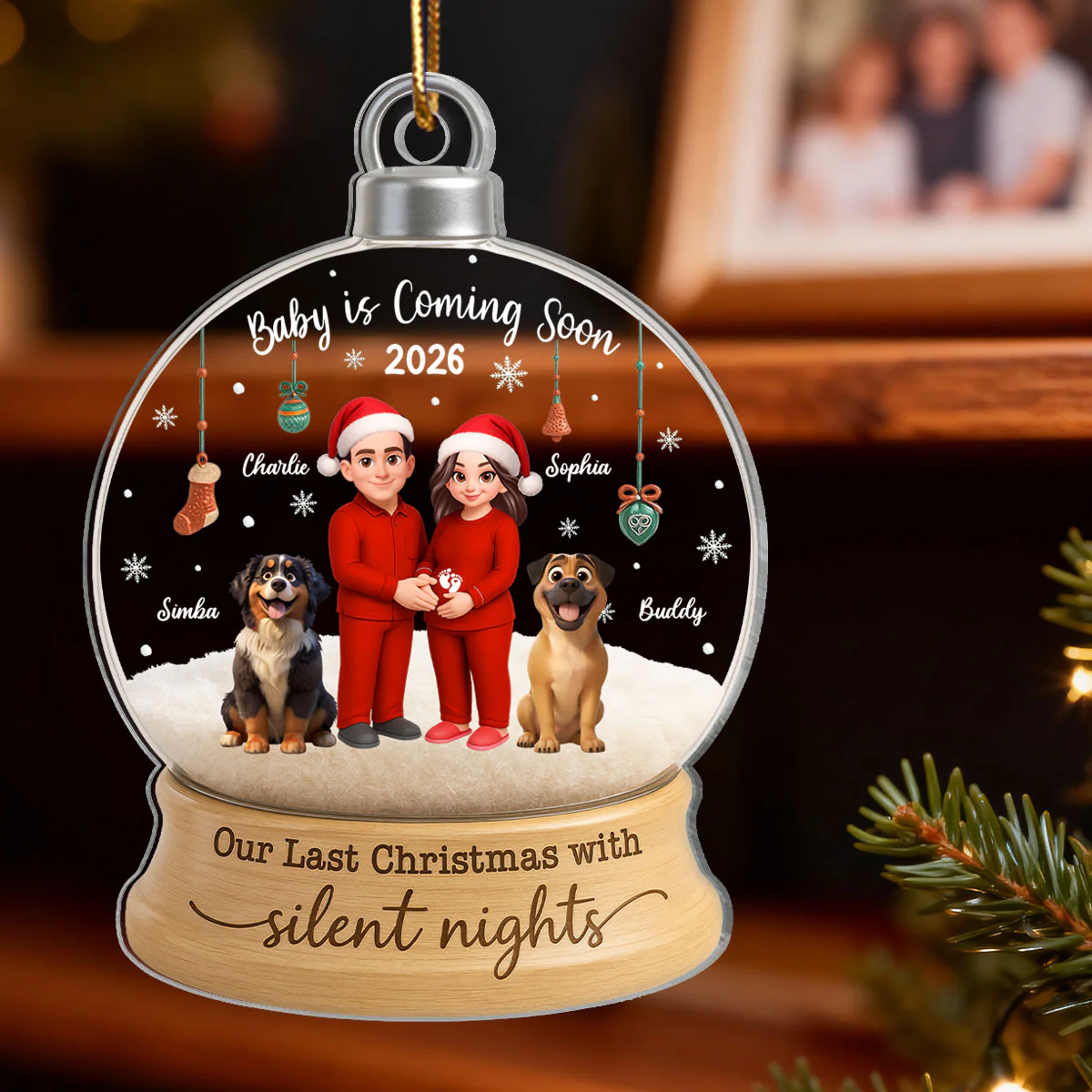 Last Christmas With Silent Nights Expecting Couple With Dog Cat - Personalized Acrylic Ornament - Image 4