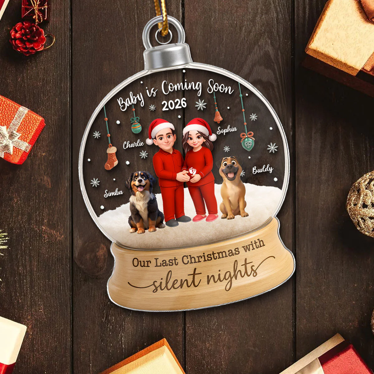Last Christmas With Silent Nights Expecting Couple With Dog Cat - Personalized Acrylic Ornament - Image 5