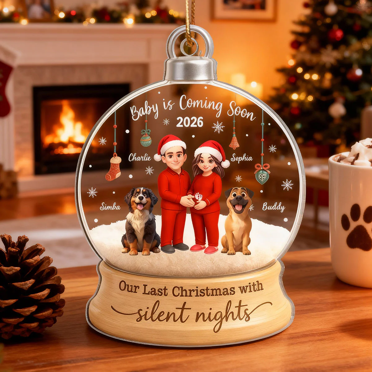 Last Christmas With Silent Nights Expecting Couple With Dog Cat - Personalized Acrylic Ornament - Image 6