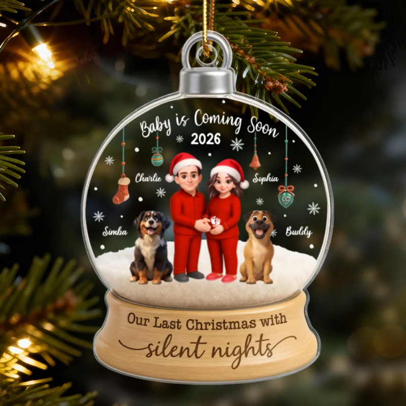 Last Christmas With Silent Nights Expecting Couple With Dog Cat - Personalized Acrylic Ornament - Image 8