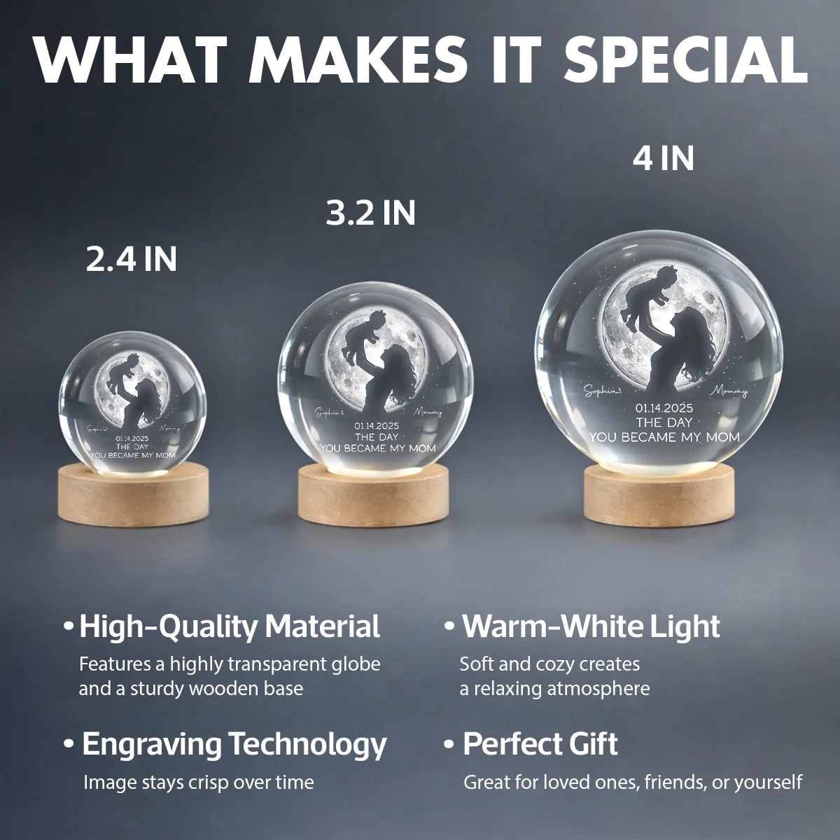 Mom Hugging Kid, The Day You Became My Mom Custom Moon Phase by Date - Personalized Crystal Ball LED Night Light - Mother's Day Gift for Mom - Image 10