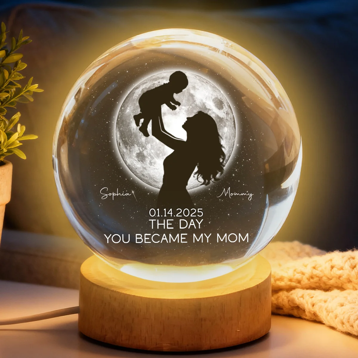 Mom Hugging Kid, The Day You Became My Mom Custom Moon Phase by Date - Personalized Crystal Ball LED Night Light - Mother's Day Gift for Mom - Image 12
