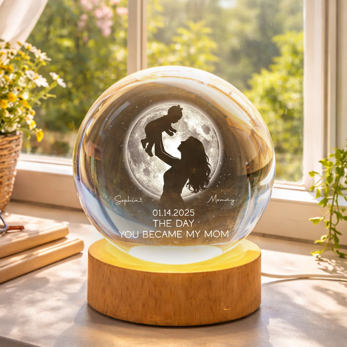 Mom Hugging Kid, The Day You Became My Mom Custom Moon Phase by Date - Personalized Crystal Ball LED Night Light - Mother's Day Gift for Mom - Image 3