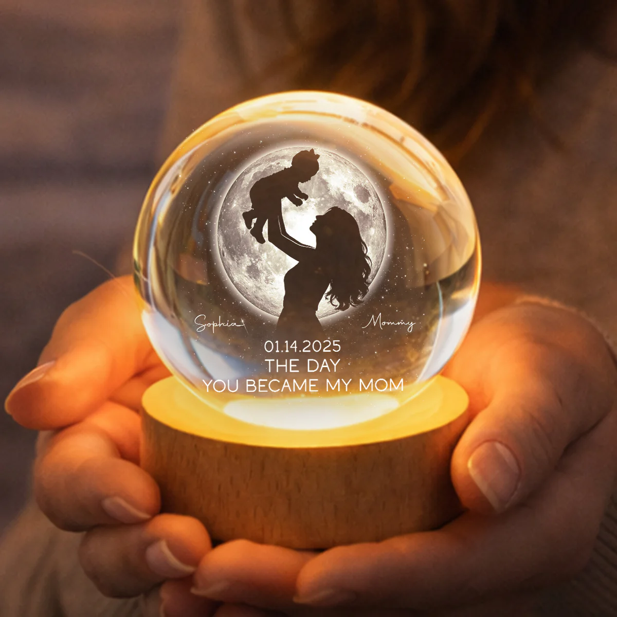 Mom Hugging Kid, The Day You Became My Mom Custom Moon Phase by Date - Personalized Crystal Ball LED Night Light - Mother's Day Gift for Mom - Image 4