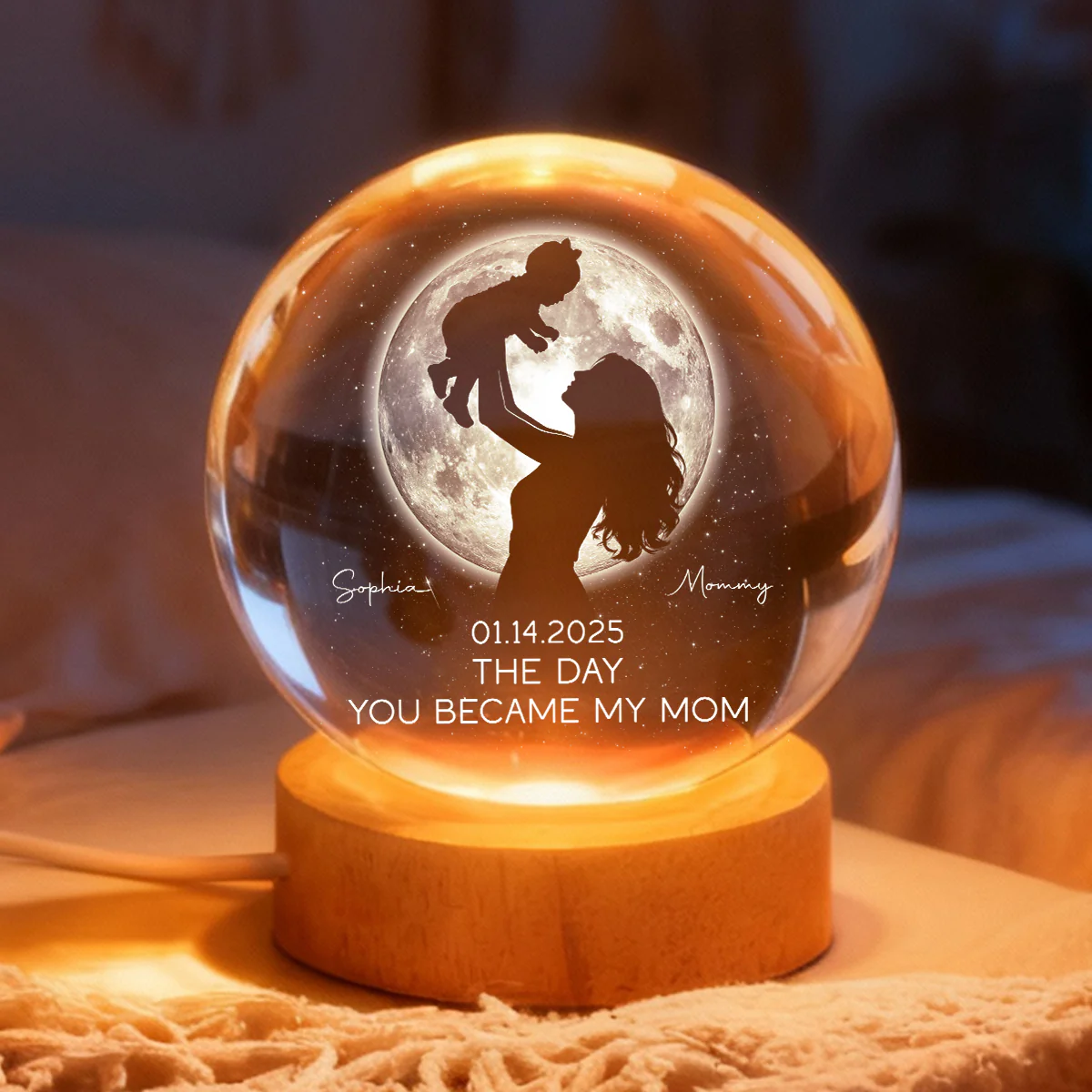 Mom Hugging Kid, The Day You Became My Mom Custom Moon Phase by Date - Personalized Crystal Ball LED Night Light - Mother's Day Gift for Mom - Image 5