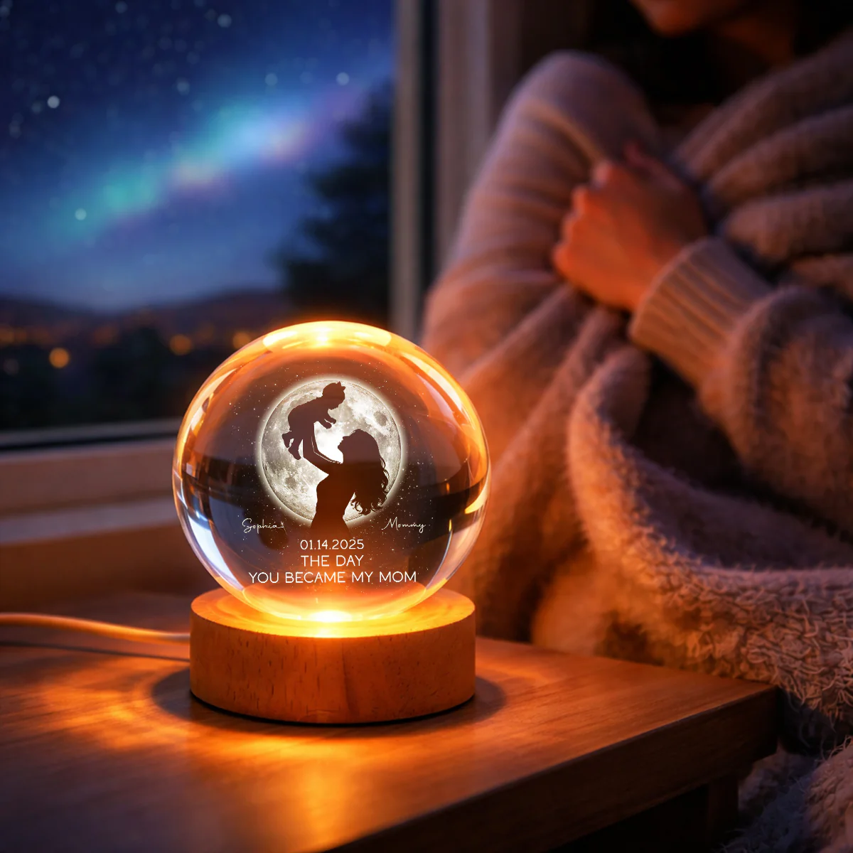 Mom Hugging Kid, The Day You Became My Mom Custom Moon Phase by Date - Personalized Crystal Ball LED Night Light - Mother's Day Gift for Mom - Image 6