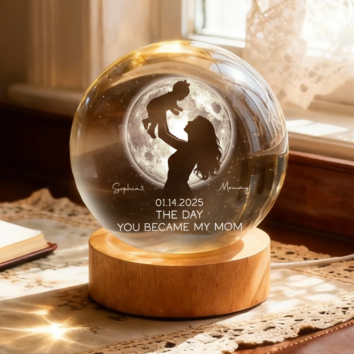 Mom Hugging Kid, The Day You Became My Mom Custom Moon Phase by Date - Personalized Crystal Ball LED Night Light - Mother's Day Gift for Mom - Image 7