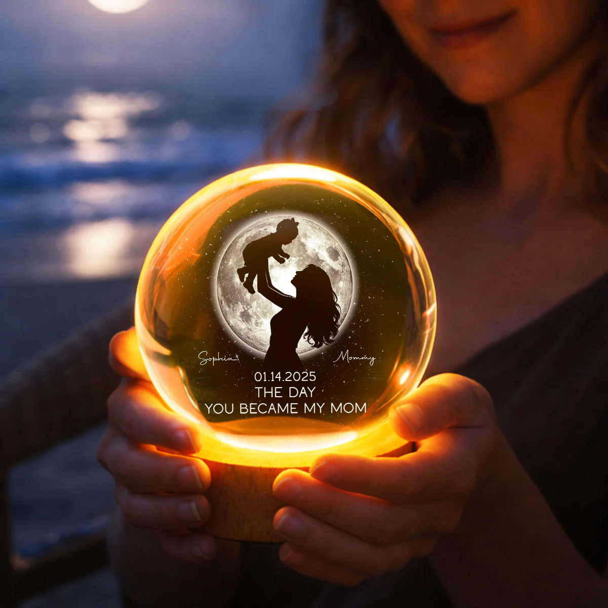 Mom Hugging Kid, The Day You Became My Mom Custom Moon Phase by Date - Personalized Crystal Ball LED Night Light - Mother's Day Gift for Mom - Image 8