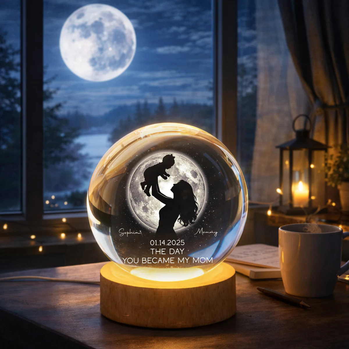 Mom Hugging Kid, The Day You Became My Mom Custom Moon Phase by Date - Personalized Crystal Ball LED Night Light - Mother's Day Gift for Mom - Image 9