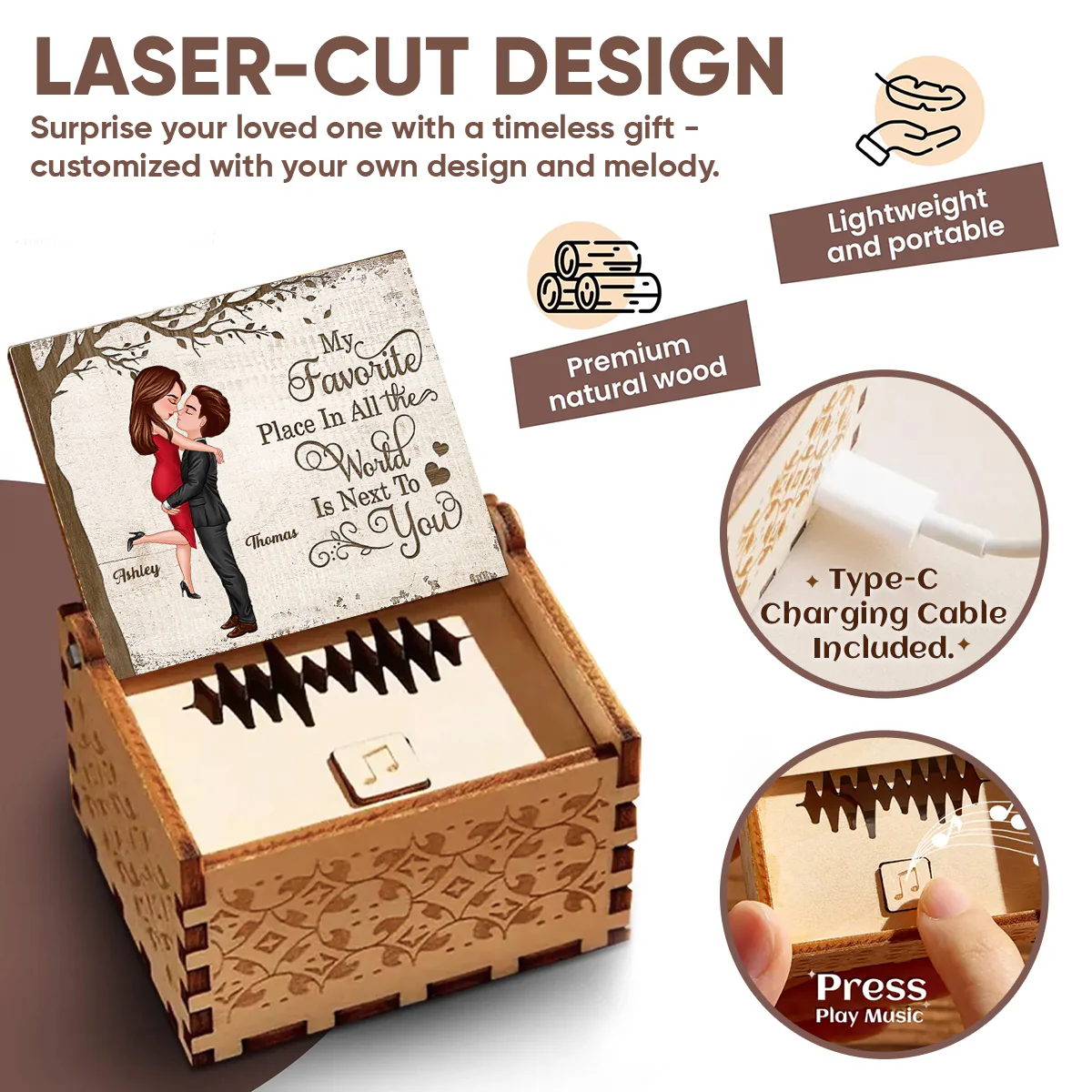My Favorite Place is Next to You - Personalized Wooden Music Box - Heartfelt Valentine's Day Gift for Her, for Him - Image 8