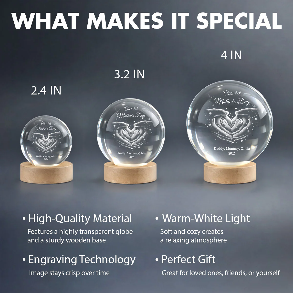 Our Family Heart Handprint - Personalized Crystal Ball LED Night Light - Sentimental Gift for Mom, Dad - Image 10