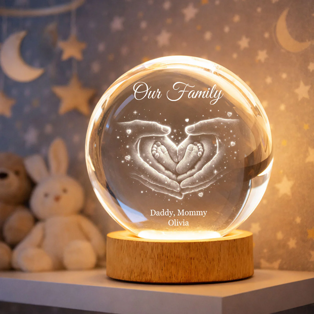 Our Family Heart Handprint - Personalized Crystal Ball LED Night Light - Sentimental Gift for Mom, Dad - Image 3