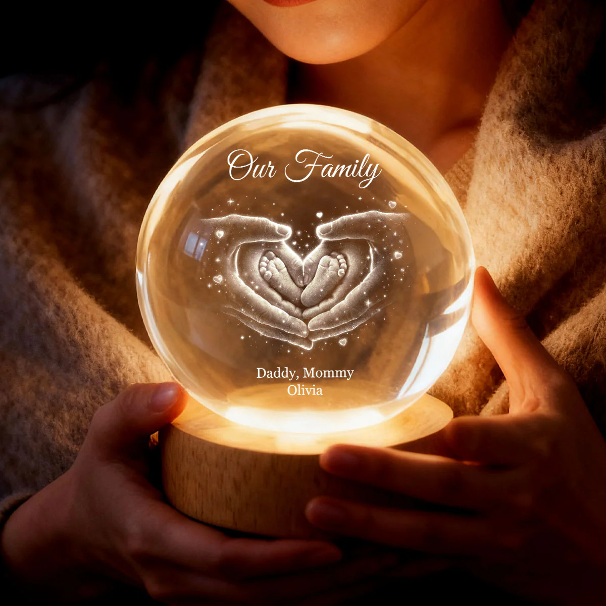 Our Family Heart Handprint - Personalized Crystal Ball LED Night Light - Sentimental Gift for Mom, Dad - Image 4