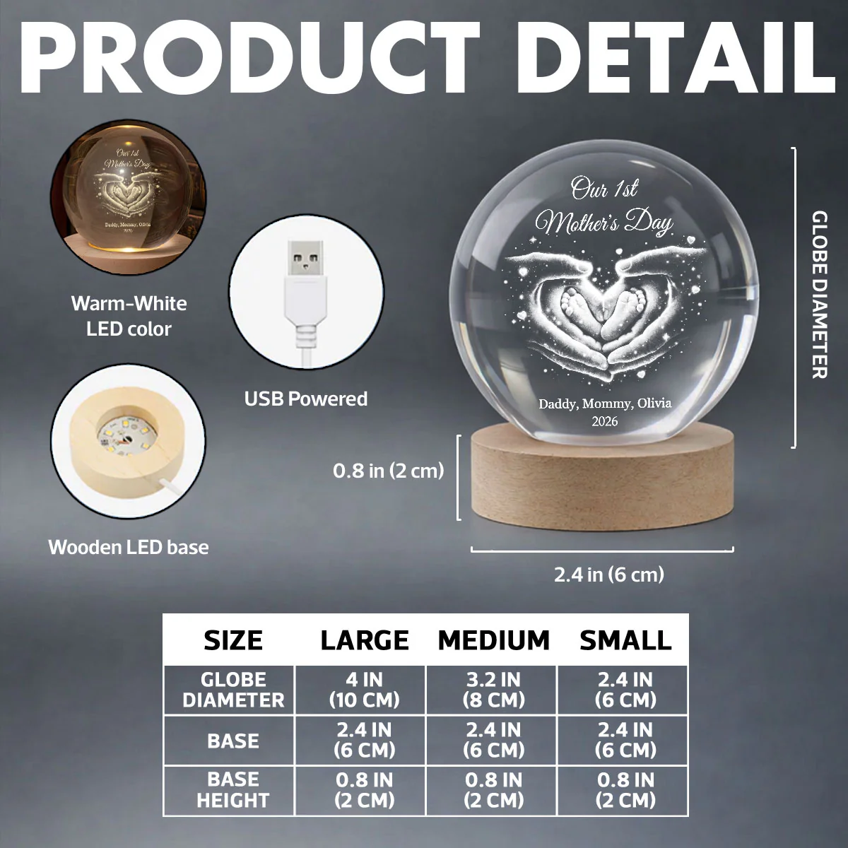 Our Family Heart Handprint - Personalized Crystal Ball LED Night Light - Sentimental Gift for Mom, Dad - Image 9