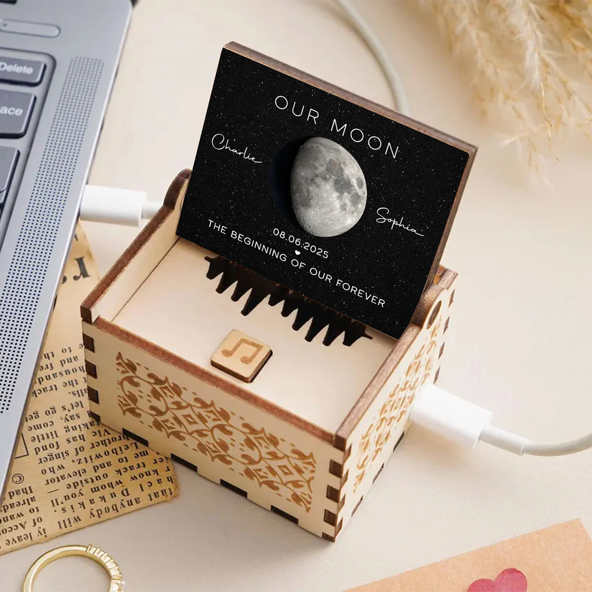 Our Moon Custom Moon Phase & Favorite Song - Personalized Wooden Music Box - Valentine's Day Gift For Him, Gift For Her - Image 3