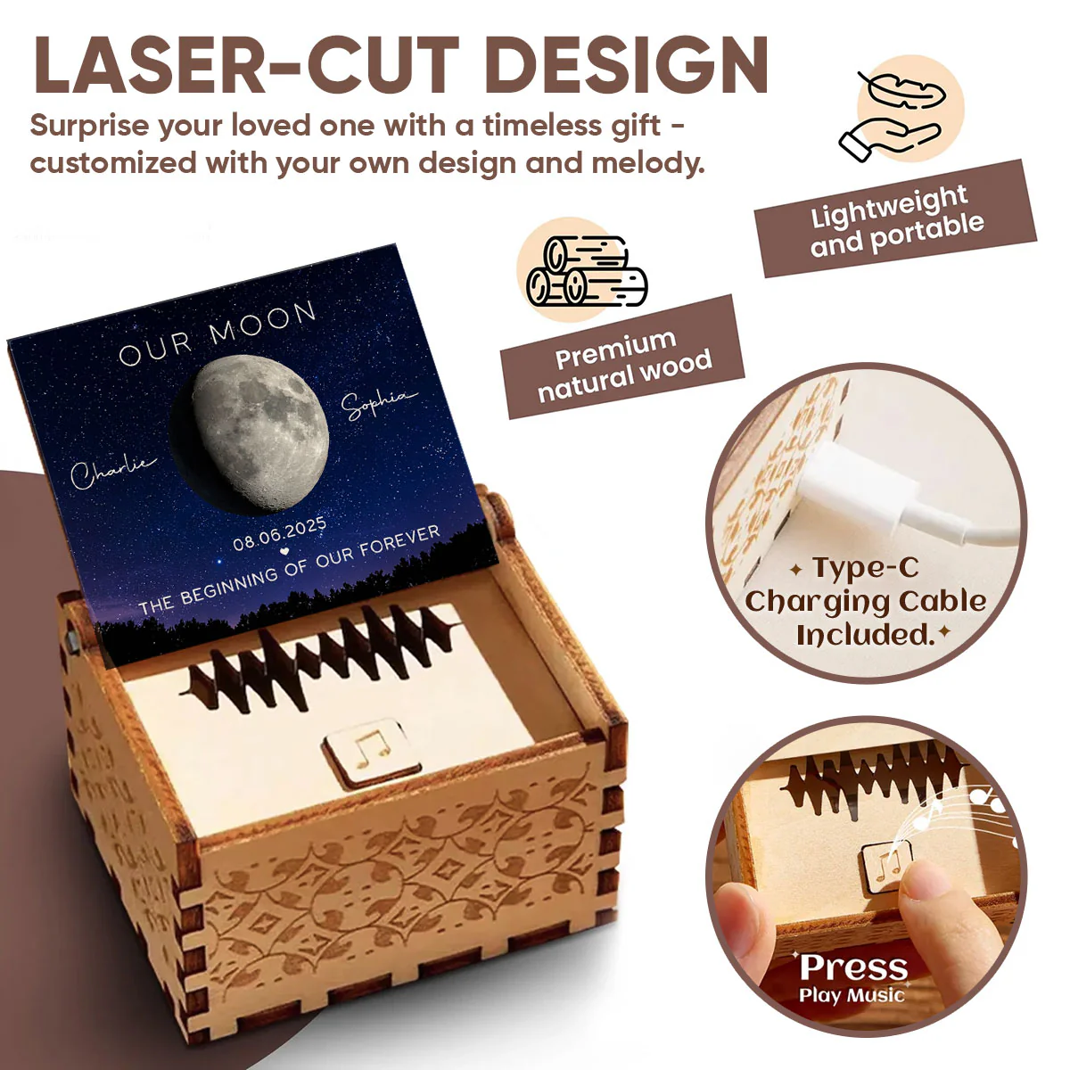 Our Moon Custom Moon Phase & Favorite Song - Personalized Wooden Music Box - Valentine's Day Gift For Him, Gift For Her - Image 7