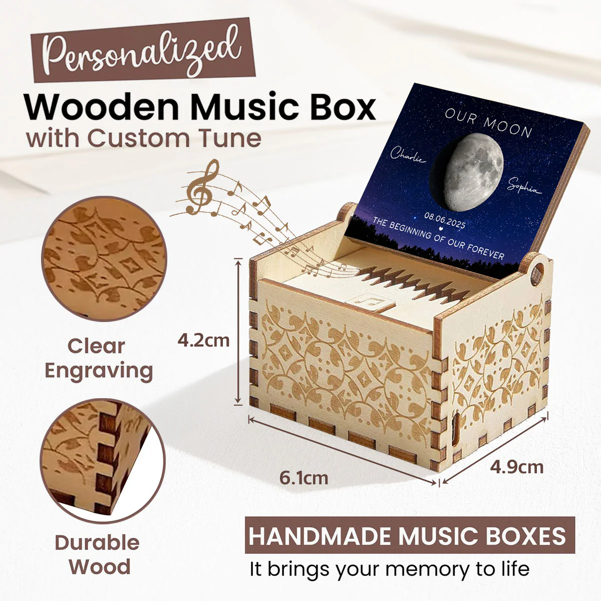 Our Moon Custom Moon Phase & Favorite Song - Personalized Wooden Music Box - Valentine's Day Gift For Him, Gift For Her - Image 8