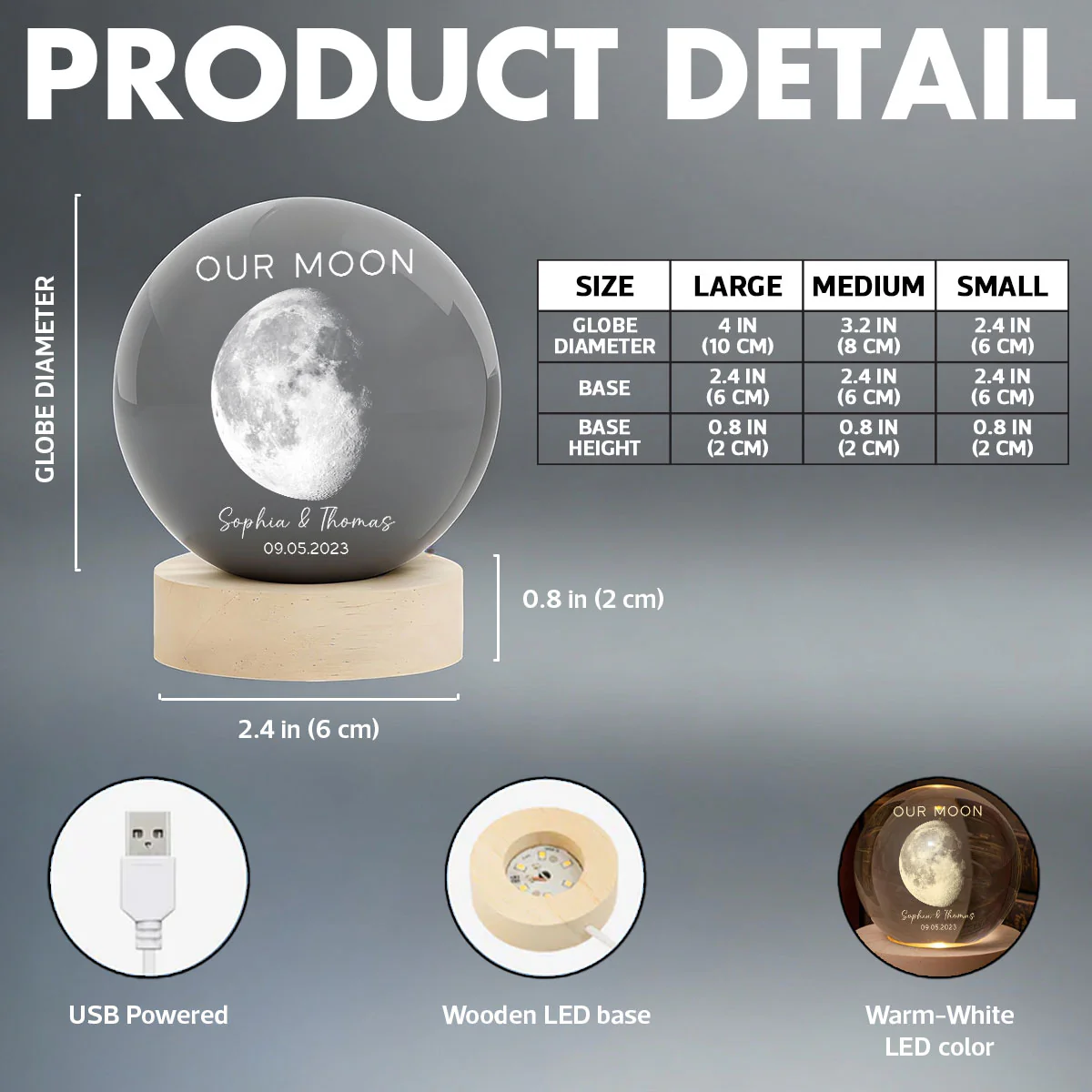 Our Moon Special Day Custom Moon Phase - Personalized Crystal Ball LED Night Light - Valentine's Day Gift For Couple - Image 7