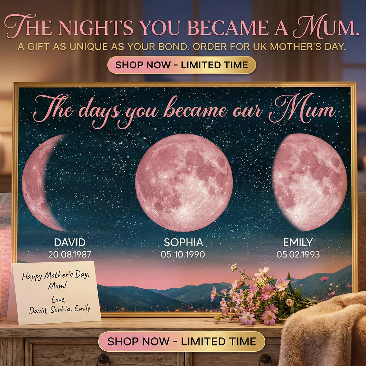 Pink Custom Moon Phase Birth Moon Beautiful Hill At Night - Personalised Poster - Image 3