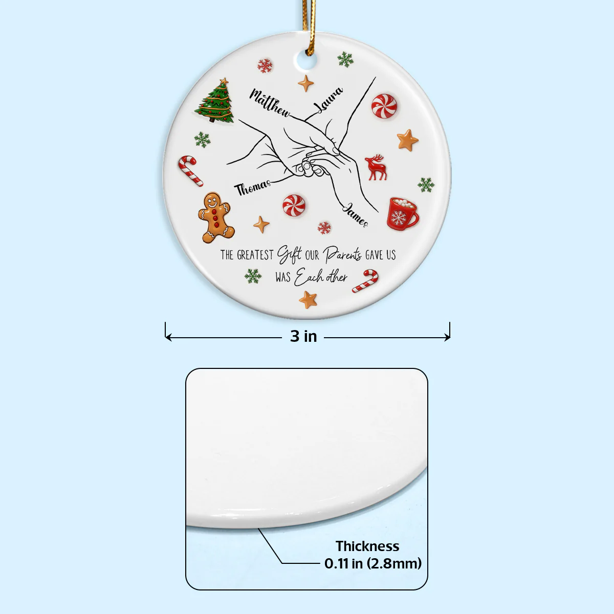 Sibling Hands Line Art - Personalized Ceramic Ornament - Christmas Gift For Brother, For Sister - Image 10