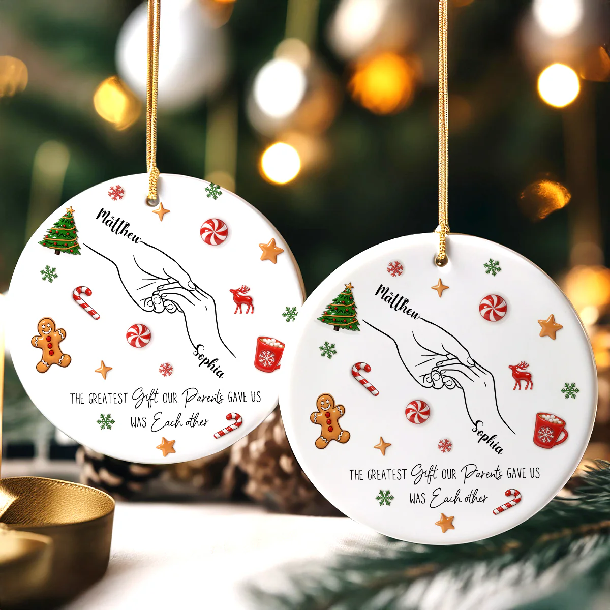 Sibling Hands Line Art - Personalized Ceramic Ornament - Christmas Gift For Brother, For Sister - Image 3